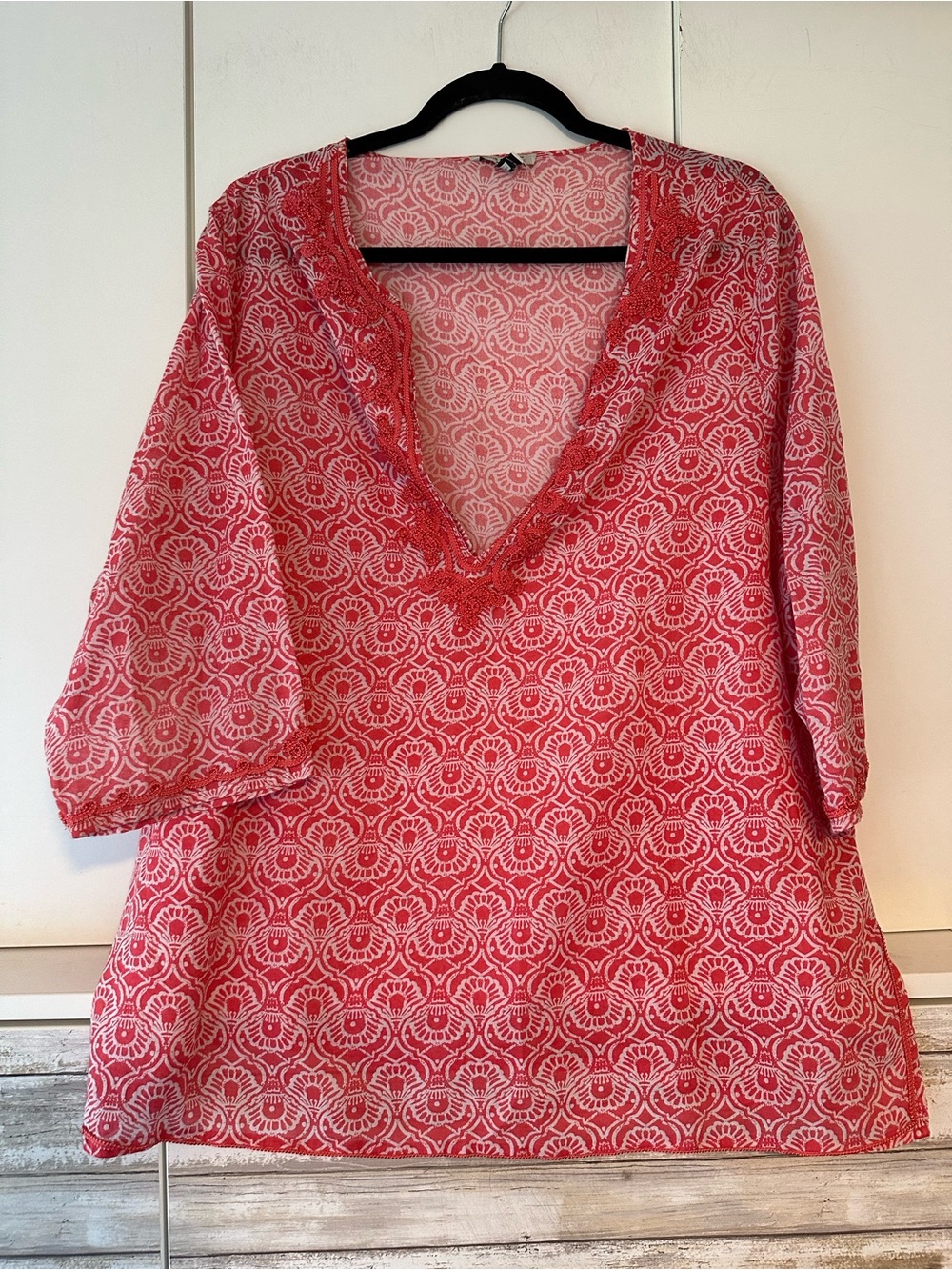 🌸 Anne Carson Woman 2X Pink & White Embroidered Cotton Boho Tunic Blouse Plus